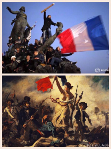 Fig. 2 Le crayon guidant le pouple, fotografia di Stéphane Mahé (Reuters), Parigi 11.01.15.  Confrontro con La Liberté guidant le peuple, Eugene Delacroix, 1830, Musée du Louvre. 