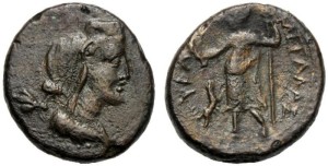 Moneta con busto di Hyblea modiata con ape (r) e figura con scettro e kantharos (v)circa. a.C.