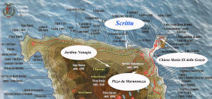 Localizzazione dei siti Scrittu, Jardinu Bonagìa, Pizzo da Marunnuzza e Chiesa di Maria SS delle Grazie sul versante nordoccidentale dell’Isola di Marettimo