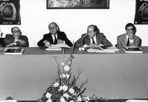 Presentazione del libro Il Museo Etnografico di Nuori: da sx Lilliu, Solinas, Cirese, Piquereddu, Nuoro 12 dicembre 1987