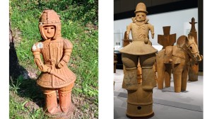 A sinistra la riproduzione di una “haniwa”, raffigurante un antico guerriero dell’epoca Kofun e ritrovato vicino Tamara, nella prefettura di Kumamoto (foto di Olimpia Niglio, 2021); a destra antica “haniwa” originaria dell’isola di Honshu e custodita presso il Tokyo National Museum.