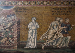 La fuga da Sodoma di Lot e le sue figlie, Mosaici, Monreale, XII sec.