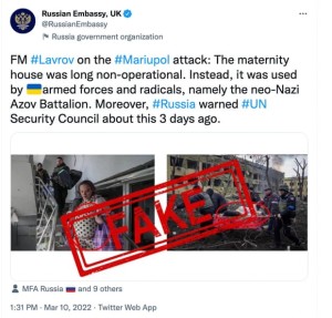 Tweet della propaganda russa sul bombardamento dell'ospedale di Mariupol] 