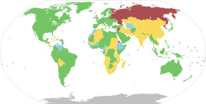 Risultati del voto sulla risoluzione ONU del 2 marzo 2022 (verde: a favore; rosso: contrari; giallo: astenuti; blu: assenti)