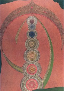 Emanuele India, Chakra, 2020 (cuoio inciso e punzonato a caldo, su tavola in ageminatura ad oro zecchino e dipinto ad olio), 100x170 cm.