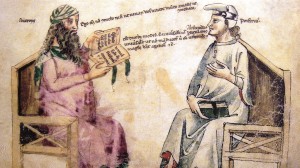 Averroè a sx, miniatura XIV secolo