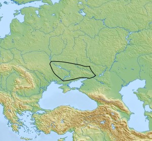 Area di diffusione della Cultura Srednyi Stog, da wikipedia, basata su una carta di Mallory dall’ Encyclopedia of Indo-European Culture, a cura di J.P. Mallory;