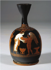 Lekythos tozzo a figura rossa ateniese (ca. 390 a.C., altezza 14 cm) raffigurante Eros che porge una pianta in vaso ad Afrodite, che è su una scala. Questa scena allude probabilmente alla collocazione di piante in vaso su un tetto in associazione con il culto di Adone. Karlsruhe, Badisches Landesmuseum, inv. no. B39 (per gentile concessione del Badisches Landesmuseum). 