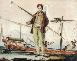 Fig. 4 Ferdinando vestito da pescatore con una “galeottiglia” alle spalle, Napoli, Museo di San Martino (Formicola, 2020)