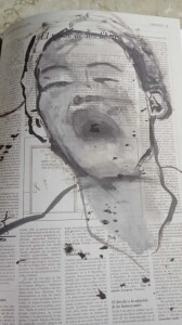 Disegno dell'artista libanese  Greta Naufal su carta di giornale ( per dare valore ai giornali in tempo di guerra facendoli durare più a lungo) ph. Francesca Corrao)