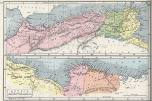 Province romane di Mauretania Tingitana, Mauretania Caesariensis, oltre a Numidia ed Africa proconsolare (sopra), Tripolitania e Cerenaica (sotto).