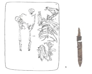 Tomba n. 16 da Campochiaro/Vicenne, disegno Soprintendenza Archeologica del Molise inv. n. 9680, e scramasax da Ceglia 1988;