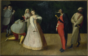 Commedia dell'arte, Troupe Gelosi con Isabella Andreini (Parigi, Musée Carbnavalet)