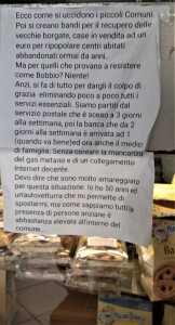 Bobbio, Val Pellice, testo affisso alla vetrina di una piccola bottega di alimentari