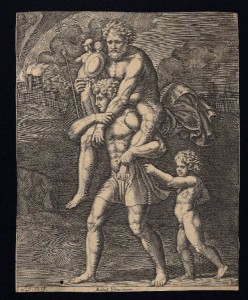Enea in fuga con Anchise e Ascanio,Sanzio Raffaello,incisionesec.XV