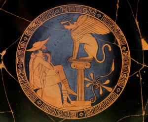 Edipo e la Sfinge, kylix attica a figure rosse, 480-470 a.C.