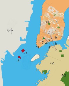 Mappa a cura di F. Schiavo,1 Ellis Island. 2 Statua della Libertà. 3 Monroe Street. 4 Fulton Fish Market. 5 Manhattan Bridge.  6 Brooklyn Bridge. 7 Little Italy. 8 Lower East Side. 9 Stock Exchange (la Bo