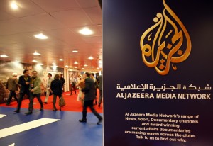 The logo of  Al Jazeera Media Network is seen at the MIPTV, the International Television Programs Market, event in Cannes