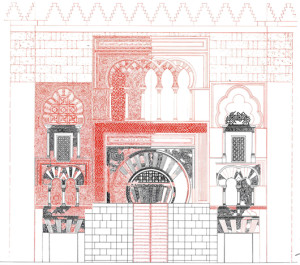 Progetto-di-restauro-della-facciata-della-Mezquita-di-Cordoba-in-nero-le-parti-originarie-in-rosso-le-integrazioni-proposte-R.-valazquez-Bosco-1908