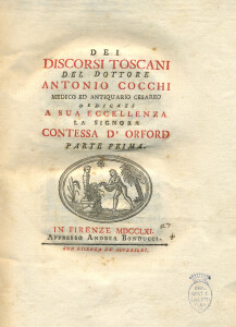 Frontespizio I vol. dei “Discorsi Toscani” del Cocchi, 1761 