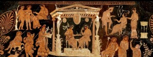 Dettaglio del Cratere di Altamura, IV secolo a. C., realizzato a Taranto ed attribuito alla bottega del Pittore di Licurgo, Museo Archeologico Nazionale di Napoli. Il cratere, alto più di un metro e cinquanta centimetri, è ornato da scene collegate al mondo dell’oltretomba. Nel dettaglio si vede Orfeo posto accanto alle Erinni che gli rivolgono le spalle (la terza Erinne fa capolino dal basso).