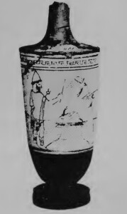 Ermes Psicopompo guida le anime con il suo bastone. Decorazione su vaso. Fonte: M.P. Nilsson, Greek folk-religion, p.143.