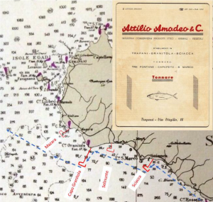 Pagina pubblicitaria della “Attilio Amodeo & C. / Industria conserviera prodotti ittici – animali - vegetali” (EPT 1952) con indicazione dei siti di pesca e di trasformazione industriale. Il