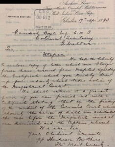 Lettera degli Henderson Brothers, armatori di Utopia, al Segretario Coloniale di Gibilterra, Sir Cavendish Boyle (Documento fotoriprodotto dal Gibraltar National Archives).