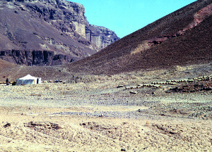 Pendici di Wadi Hadhramawt: tenda dell’apicoltore e arnie,